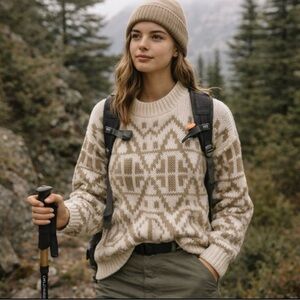 Vtg Jones NY Sz L 100% Hand-knitted Wool Fair Isle Geometric White Tan Sweater